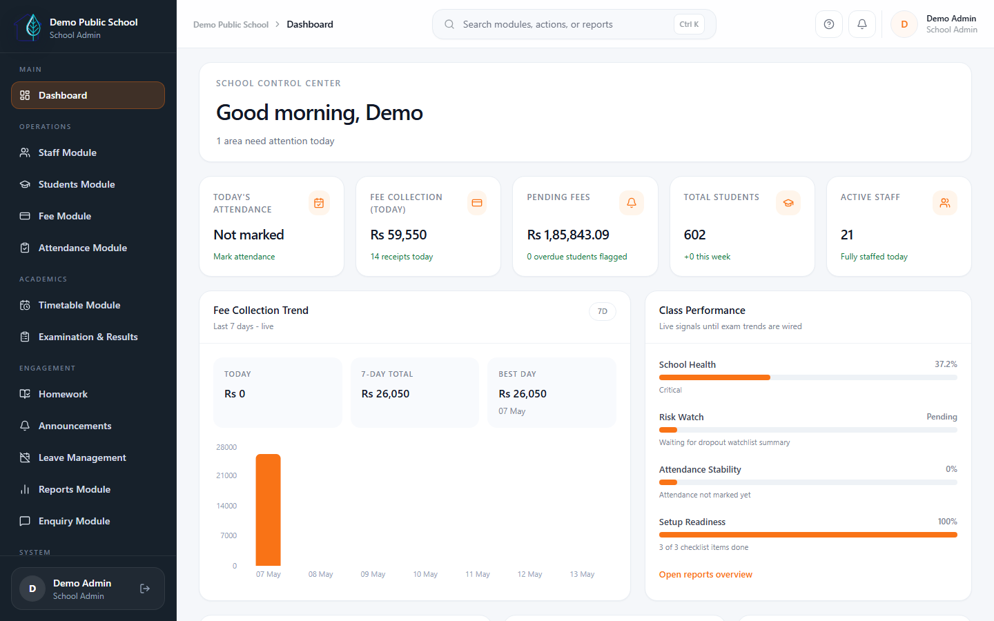 Eduforge school ERP dashboard with admin visibility into core school workflows